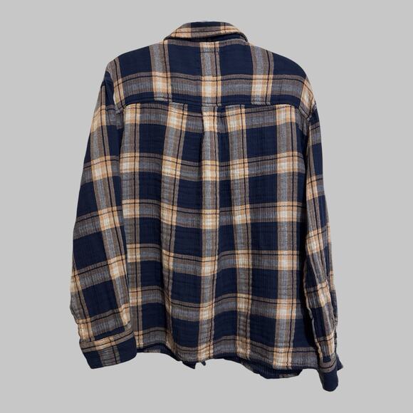 Aerie Super Soft Women’s Plaid Button Up Flannel Shirt Navy Gold Soft Grunge LG - Picture 2 of 9
